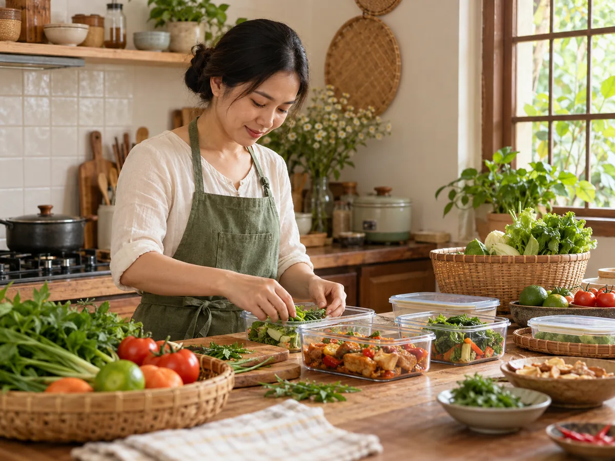 Nguyên liệu bữa cơm được chuẩn bị, chia theo món và đóng hộp cẩn thận trong căn bếp nhỏ