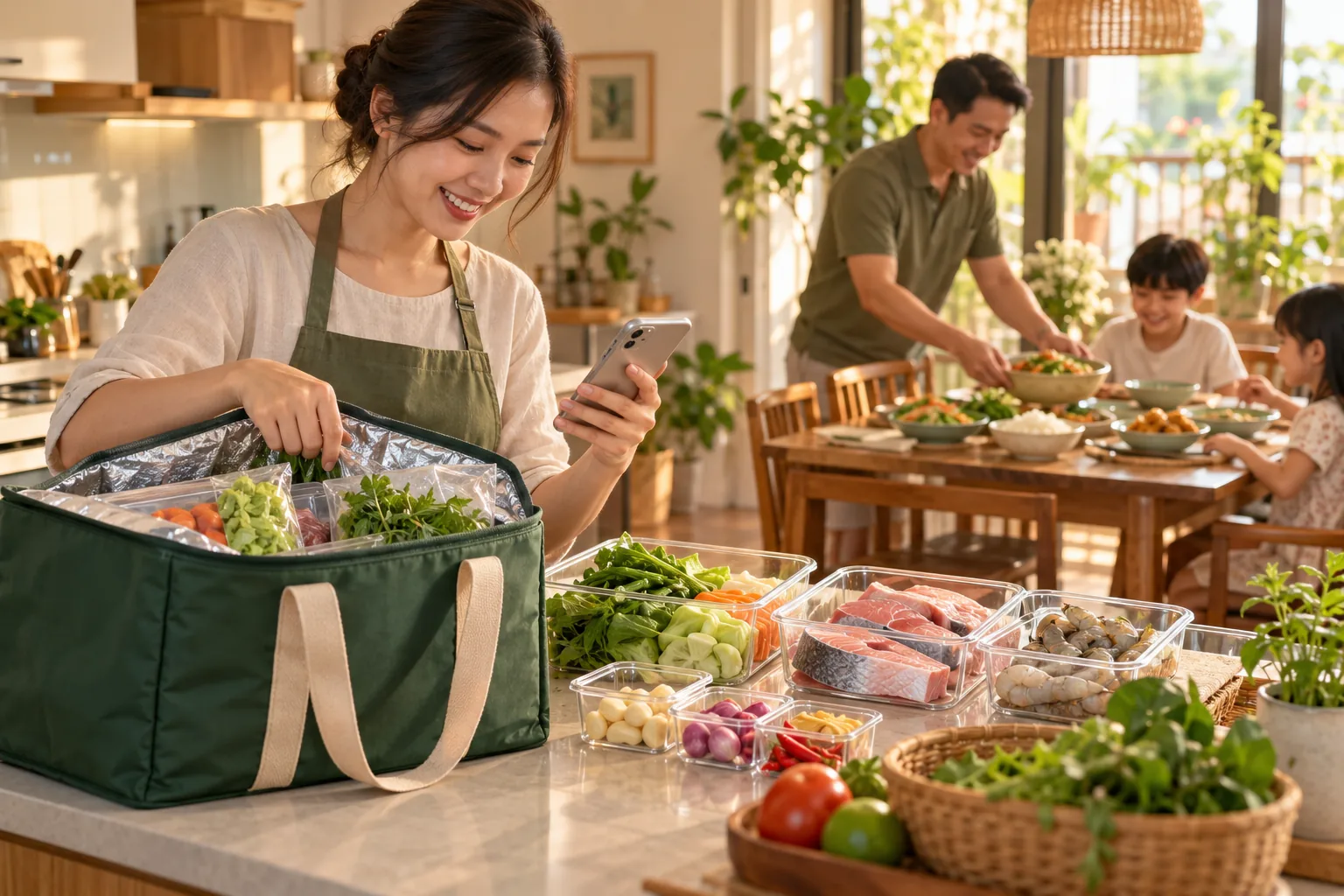 Khách chọn món trên điện thoại, nhận nguyên liệu đã chia và sơ chế trong túi giao lạnh trước bữa cơm gia đình